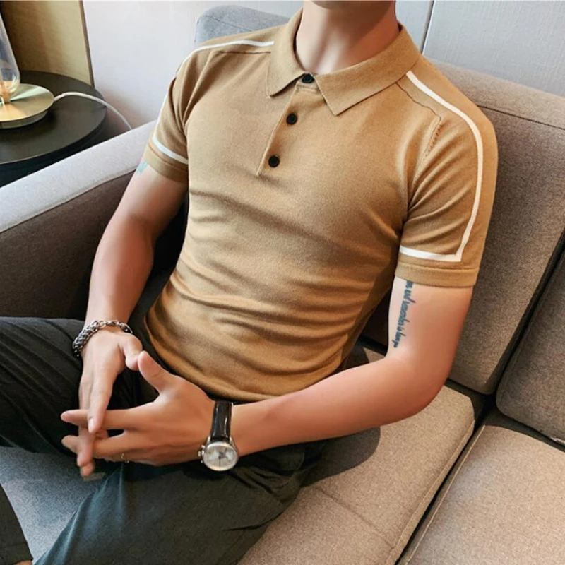 

2023 Korean style Summer Men Knitting Polo Shirts / Male Slim Fit Casual Ice Silk Fashion Polo Shirts/ Man Tees Plus Size S-4XL