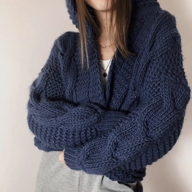 Vintage Blue Hooded Knit Coat 2022 Fall Winter New Sweater Jacket Knitted Cardigan Women Chompas Para Mujer