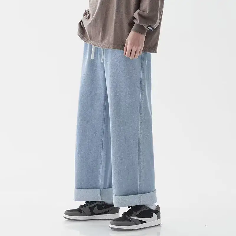 Retro Jeans Men's Spring and Autumn Straight Loose Trousers Casual Trousers Solid Colour Wide Leg Trousers