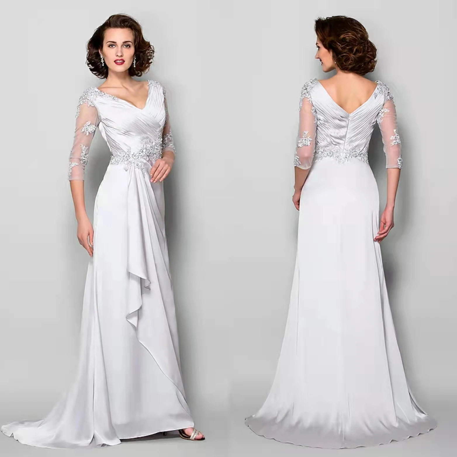 

Женское Элегантное Длинное кружевное платье с V-образным вырезом и рукавом 3/4