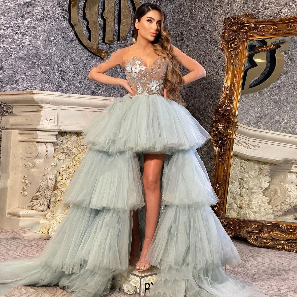 

Fairy Layered Prom Gowns Crystals Off Shoulder robe de soiree High Low Ruffle Long Formal Prom Gown Floral Wedding Party Dresses