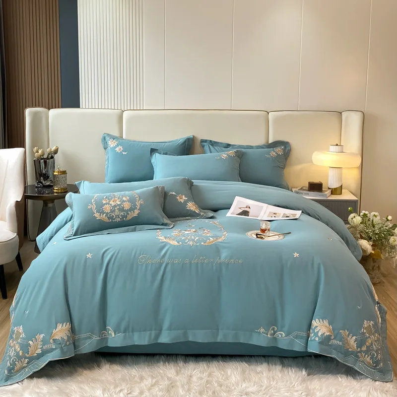 

High-grade European Embroidery 60 Thickened Pure Cotton Ground Wool Four-piece Set Autumn and Winter Quilt Set Sheets Bedding