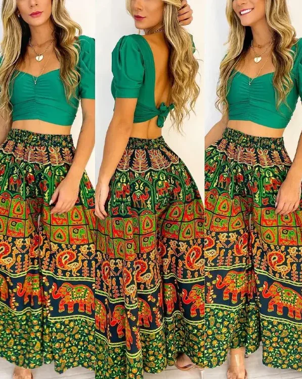

New Summer 2022, Women's Two-piece Set, Wide Leg Pants Set, Fluffy Sleeve Pleated Jacket and Tribal Printed Wide Leg Pants Set