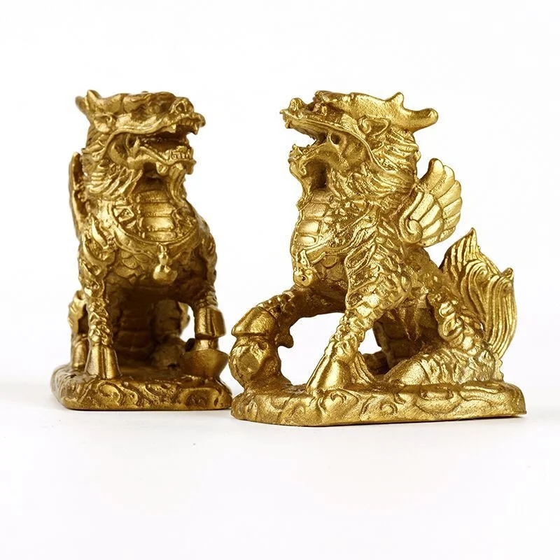 

Brass 2Pcs/Lot Golden Kirin Sculptures Living Room Fortune Animal Statues Office Desktop Feng Shui Ornaments Home Decoration