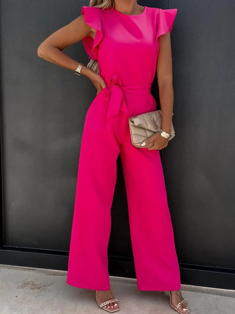 2023 Elegant Women's Wide Leg Jumpsuits Summer Casual O-neck Ruffles Sashes Office Lady Overalls Jumpsuit For Women Clothing