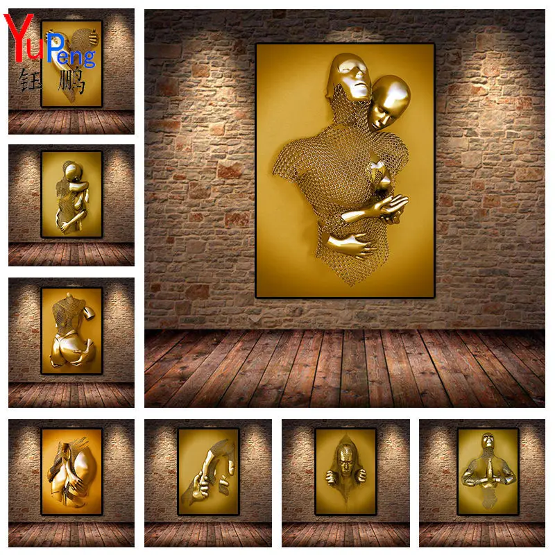 

Metal Figure Statue Canvas Painting Golden Lovers Sculpture Poster and Print Wall Art Pictures for Living Room Home Decorative