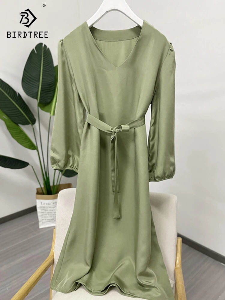 Birdtree 100%Mulberry Silk Women's Fashion Dress 2023 Summer New Heavy Crepe Lantern Sleeve V-Neck Temperament Dress D37583QC