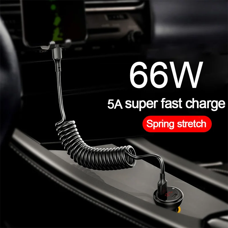 

66W 5A USB Type C Data Cable 3A Micro USB Spring Pull Telescopic Fast Charging Cable for Android Phone Accessories Car USB Cable