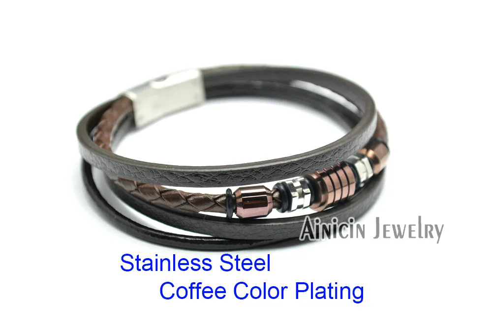 Многослойные браслеты из натуральной кожи с черным покрытием модные мужские