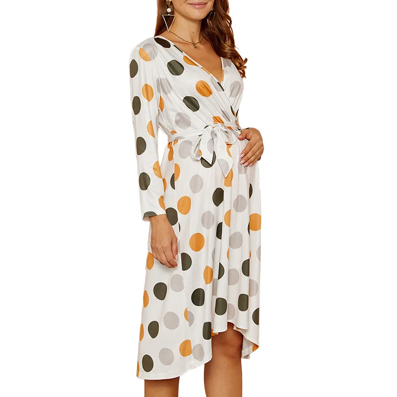 Spring & Autumn Pregnancy Dress European and American Style Polka Dot Print Front Short Back Long Breastfeeding Maternity Dress enlarge