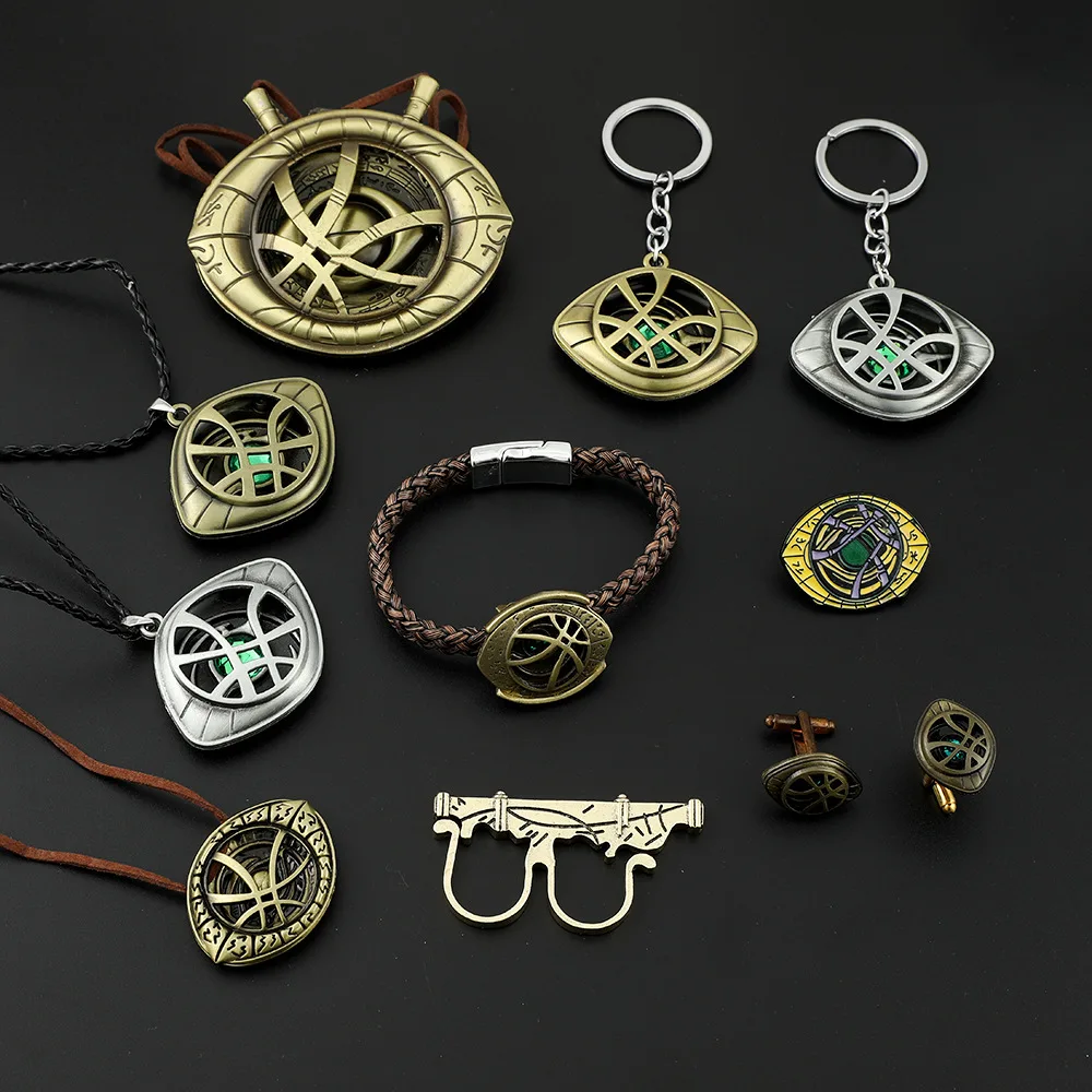 

HOT Dr. Strange Glasses Keychain Infinity Time Stones Bronze Eye of Agamotto Necklace Keychain Figure Pendant Children's Gift