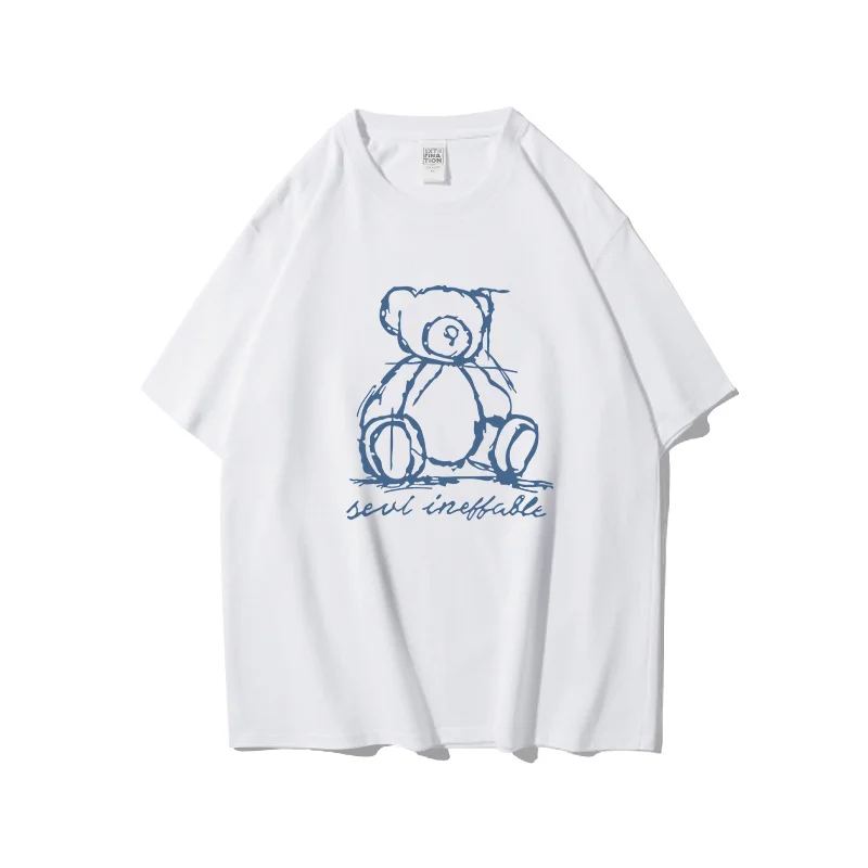 

ExtFine Simple Strokes Bear Cartoon Graphic Men T-shirts Cotton Summer Oversized Male Tshirt High Street Short Sleeve Unisex Top