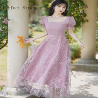 2022 summer new arrival french style elegant vintage square collar flower lace embroidery bandage women lace gauze long dress