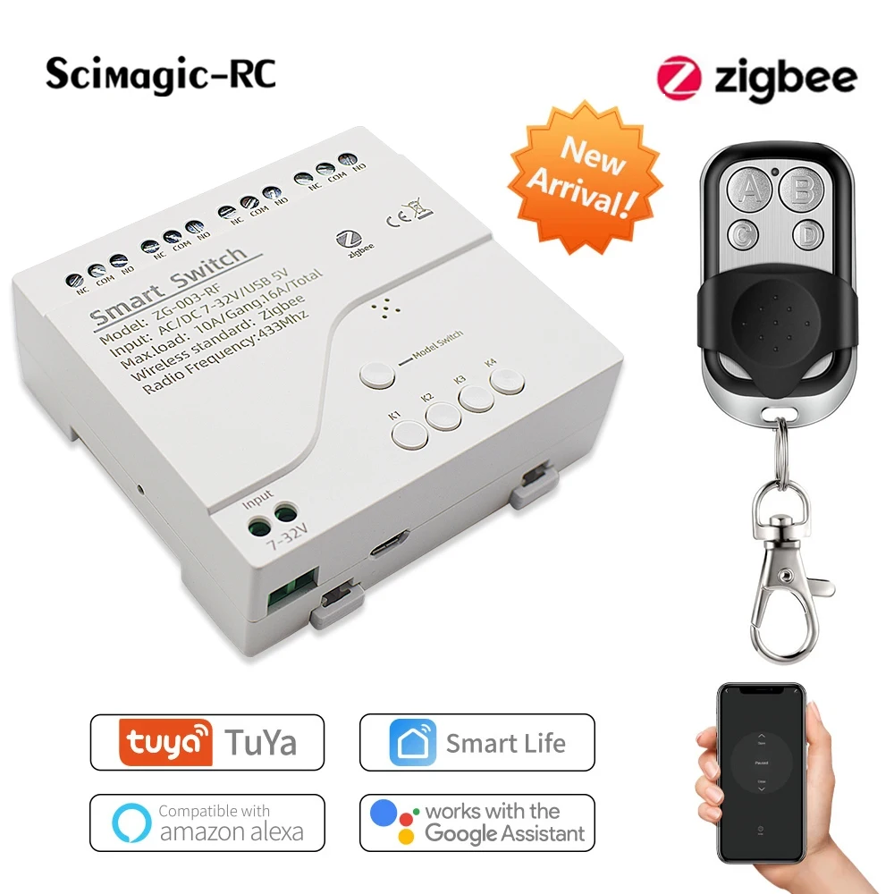 

4CH Zigbee Smart Switch Module 10A Relays control DC Motor&AC Motor Work with Alexa Google Assistant Tuya Smart Life 433 Remote