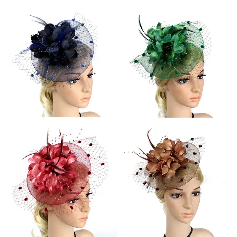 

Women's Mesh Veil Ribbon Hair Clip Solid Color Bridal Feather Headwear Elegant New Wedding Fascinator