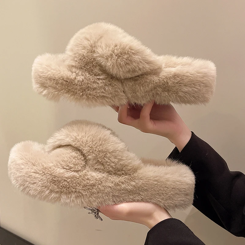 

Сланцы женские на платформе, мягкие плюшевые тапки средней высоты, шлепанцы, роскошная обувь в римском стиле, с мехом, 2022