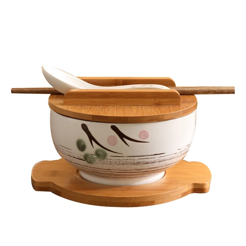 

Japanese Rice Noodle Bowl With Lid Spoon Chopsticks Kitchen Tableware Ceramic Salad Soup Bowl Food Container