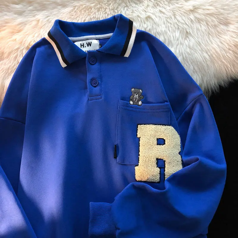 2022 Весенняя простая Милая рубашка-поло с вышивкой и карманами Свитшот в стиле