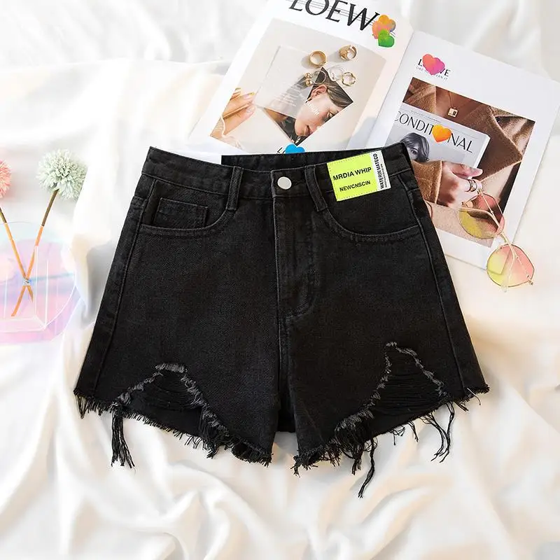 Biker Black Perforated Denim Shorts Women's Clothes Summer 2023 New High Waist Slim Large Size Wide Leg Pants Jeans Shorts AC274