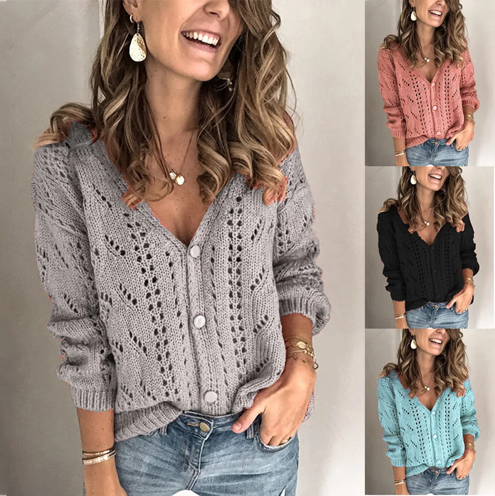 

2023 Autumn and Winter Fashion Casual Sweater Cardigan Ladies Solid Color Hollow V-neck Sweater Sexy Pullover Elegant Clothes