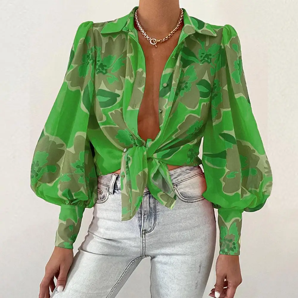 

Floral Print Lapel Shirt Flower Printing Lapel Puff Sleeve Blouse Chic Single-breasted Women's Workwear with Loose Fit Thin