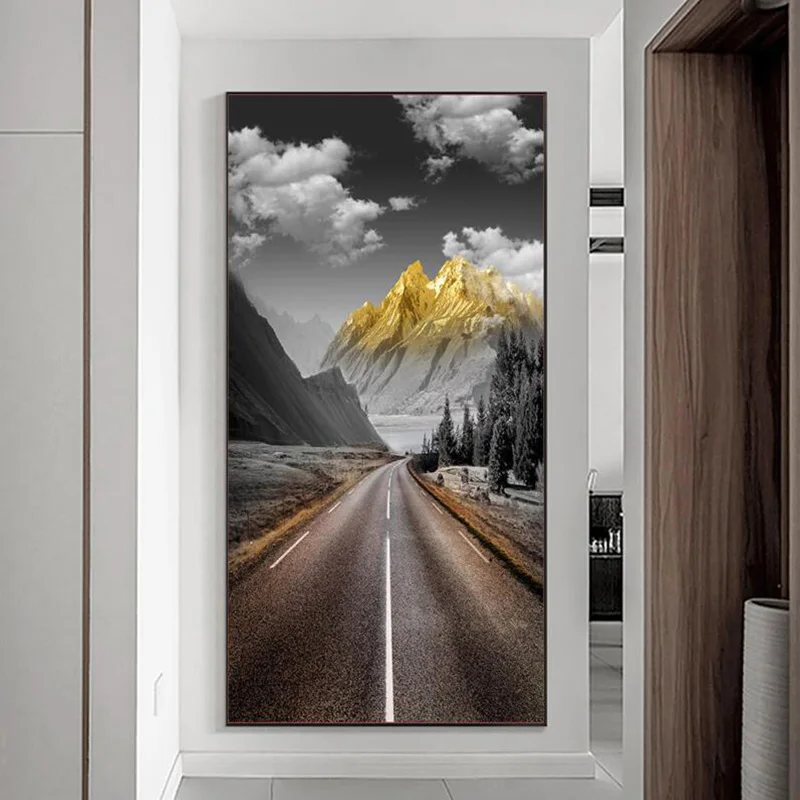 

Абстрактный Золотой пейзаж, горная дорога, холст, живопись, постеры и принты, настенные художественные картины, гостиная, домашний декор, бе...