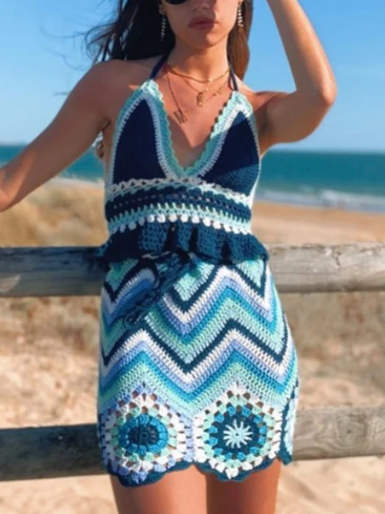 

Women Outfits Summer Knitted Suit Floral Beach Hand-made Crochet Crop Cami Top + High Waist Skirt Beach Vacation Y2K Two Piece S