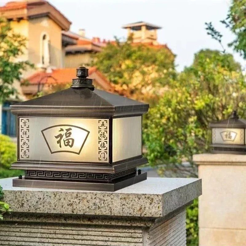 BRIGHTOutdoor Solar Post Lamp Vintage Creative Chinese Brass Pillar светильник светодиодный Waterproof IP65 для дома