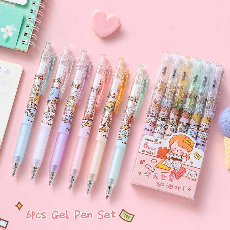 

6pcs/Set Gel Pen Cute Cartoon 0.5mm Balck Ink Press Gel Pen Writing Pen Office Supply Stationery For Student
