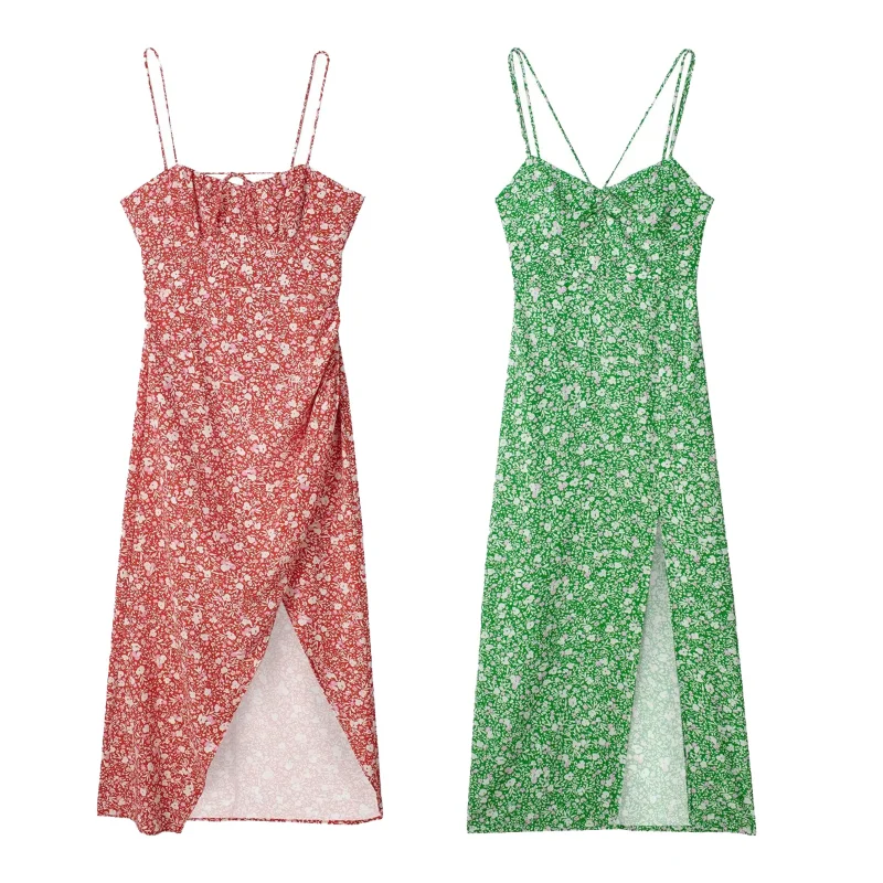 

2023 summer women's new flower print split backless suspender dress