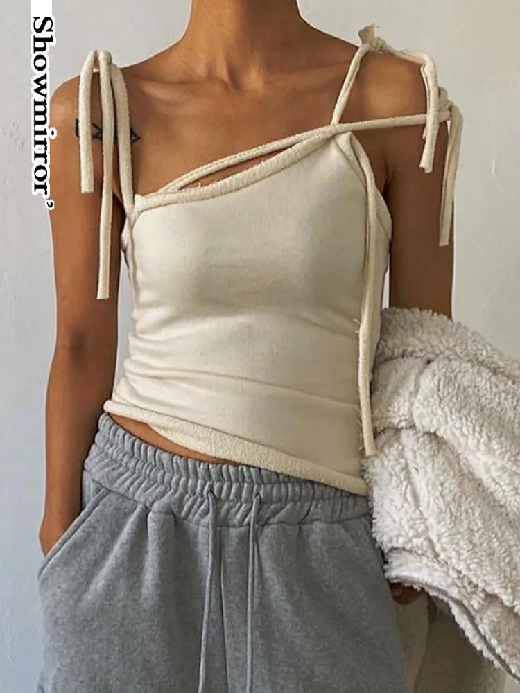 

Showmirror G Irregular Bandage Streetwear Solid White Tank Top Summer Fashion Sleeveless Crop Tee Slim Club Tanks Camisole