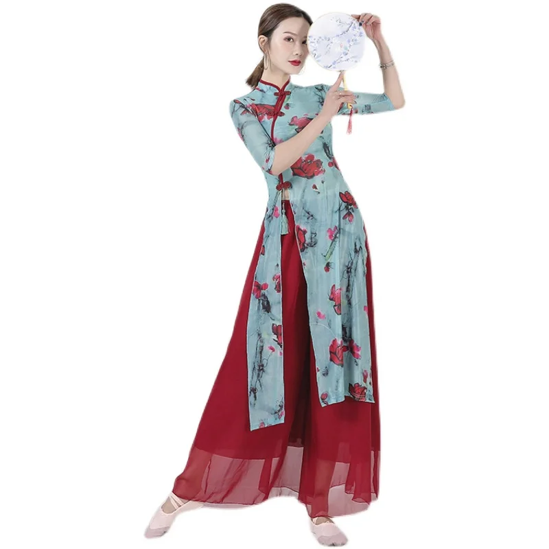 

Classical Dance Gauze Long Dance Cheongsam Elegant Performance Clothing Female Chinese Style Practice Clothing Split Top Costume