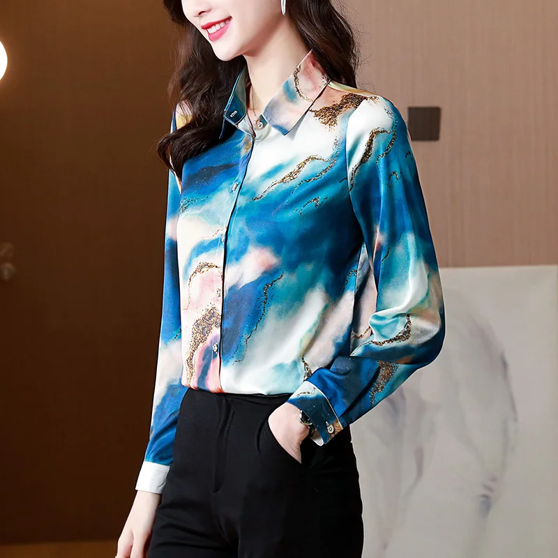 

Summer Women Shirt Long Sleeve Top Korean Fashion Printing Poplin Leisure Loose Polo Collar Houthion
