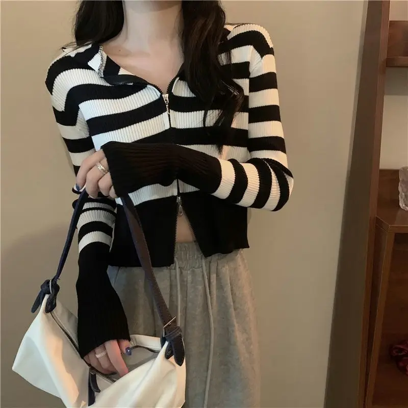 

2023 Autumn Striped Knitted Hooded Cardigan Jacket Korean Y2k Aesthetic Loose Long Sleeved Double Zipper Women Cardigan Crop Top