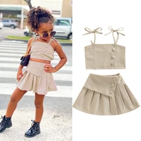 solid strap lace up vest tops high waist pleated skirts summer fashion toddler girls clothes sets 1 6y vestido corto child kids