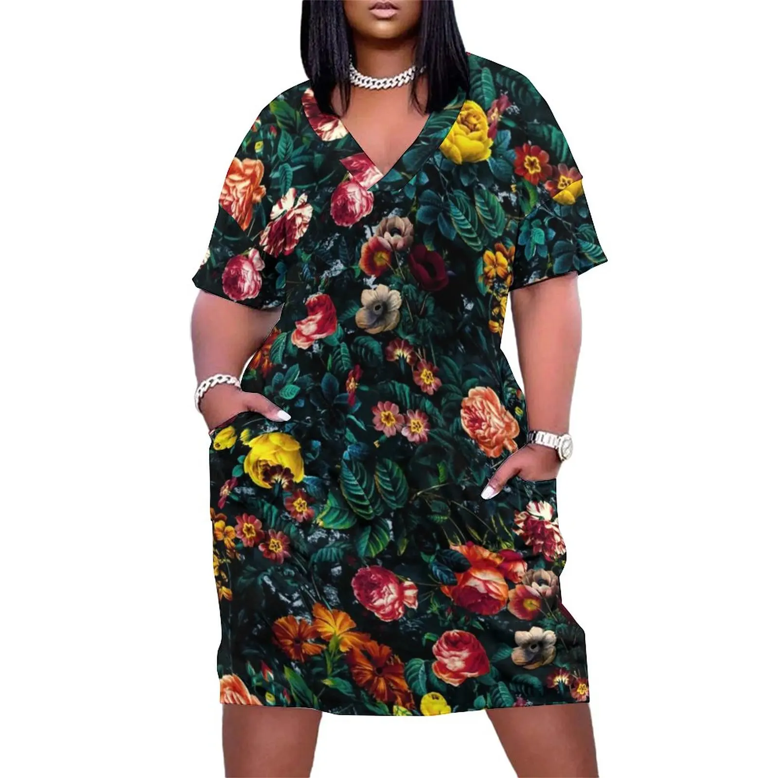 Vintage Leaf Print Dress V Neck Night Garden Floral Modern Dresses Women Streetwear Pattern Casual Dress With Pockets Plus Size