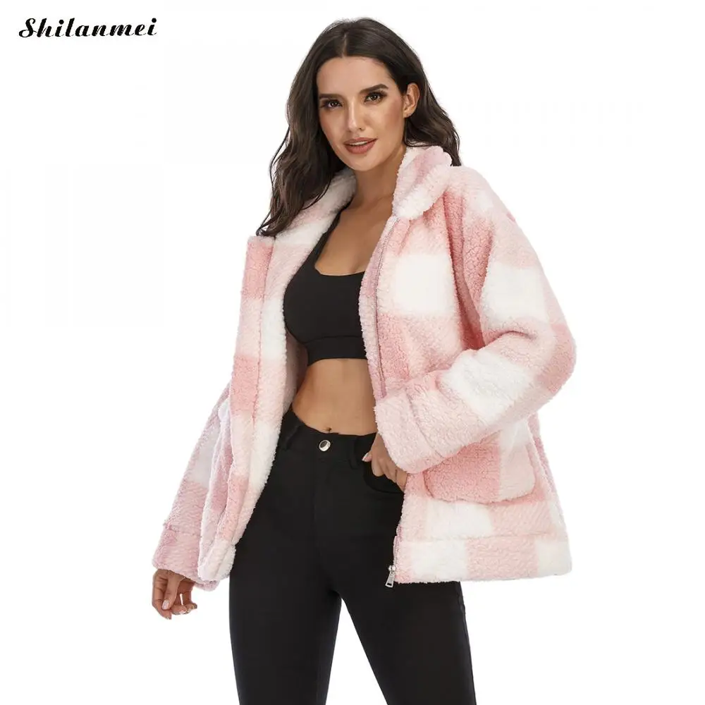 Women Teddy Coat 2022 Black Plaid Winter Warm Faux Fur Jacket Coat Zipper Plush Thick Casual Thick Outwear 3xl Overcoat