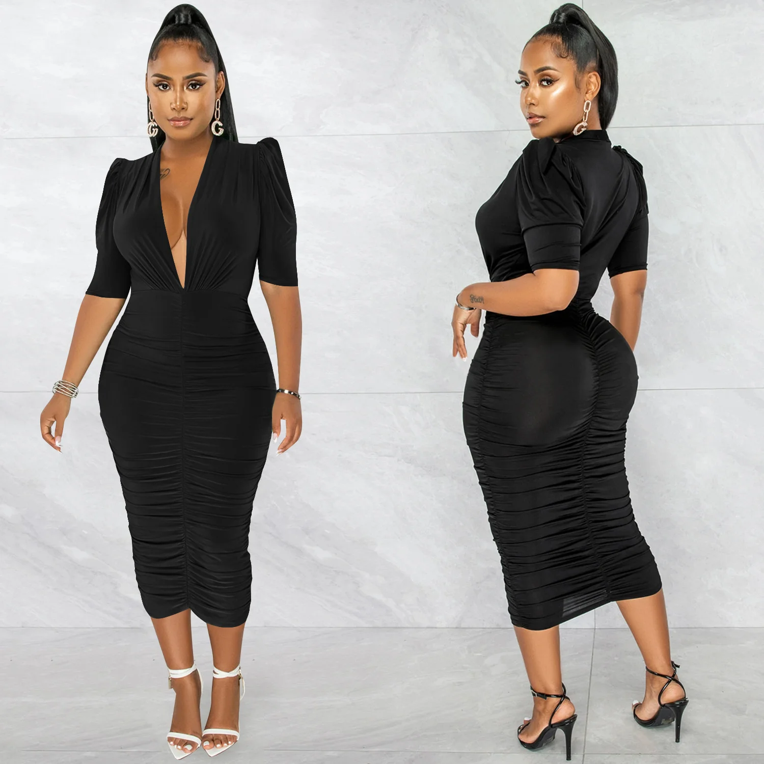 

Соблазнительное однотонное облегающее женское платье с глубоким V-образным вырезом, плиссированное платье миди с коротким рукавом, женское...