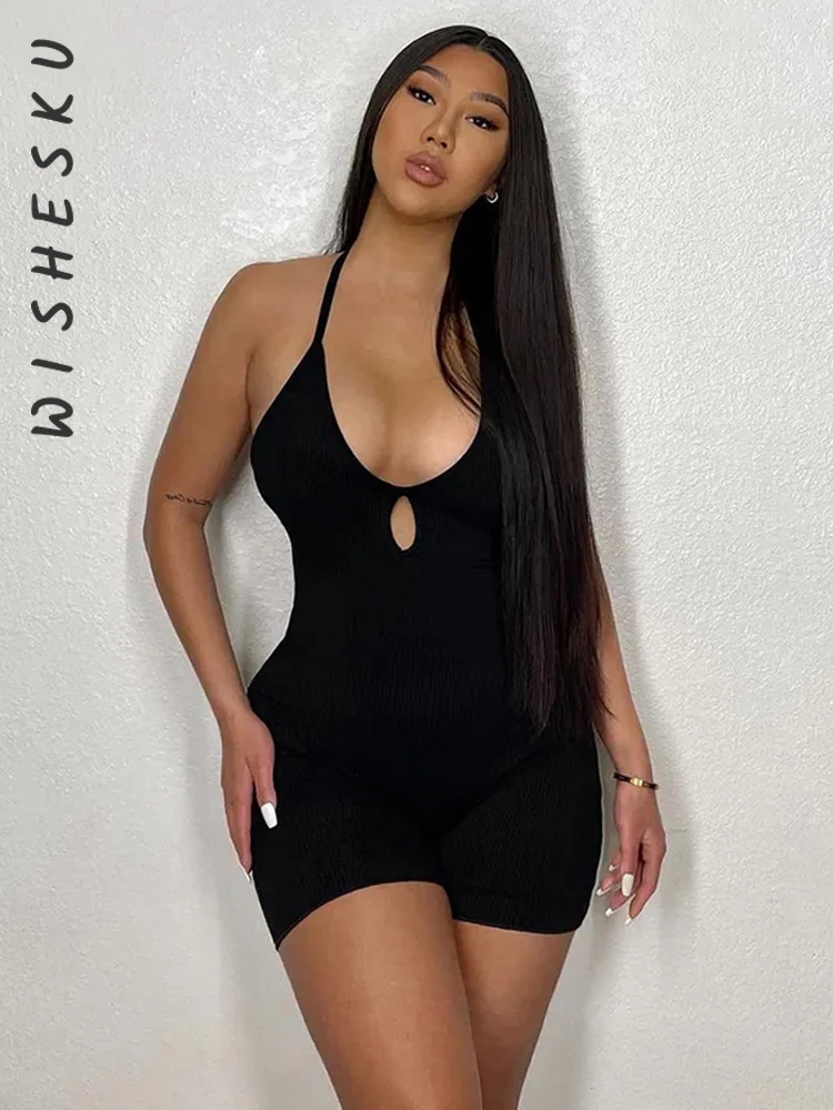 Женский спортивный комбинезон с лямкой на шее однотонный Облегающий без рукавов