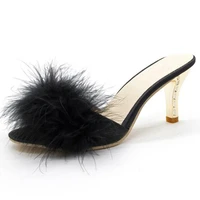 2022 summer shoes woman feather thin high heels fur slippers peep toe mules lady pumps slides shoes big size