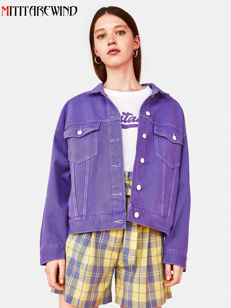Hip Hop Denim Jacket Women Casual Loose Single Breasted Full Sleeve Purple Jean Jacket For Women Short Fashion Denim Coat Female