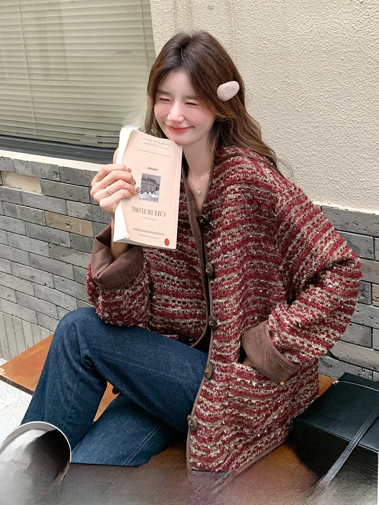 Красная изящная шерстяная куртка женская новинка зимы 2024 высококачественная