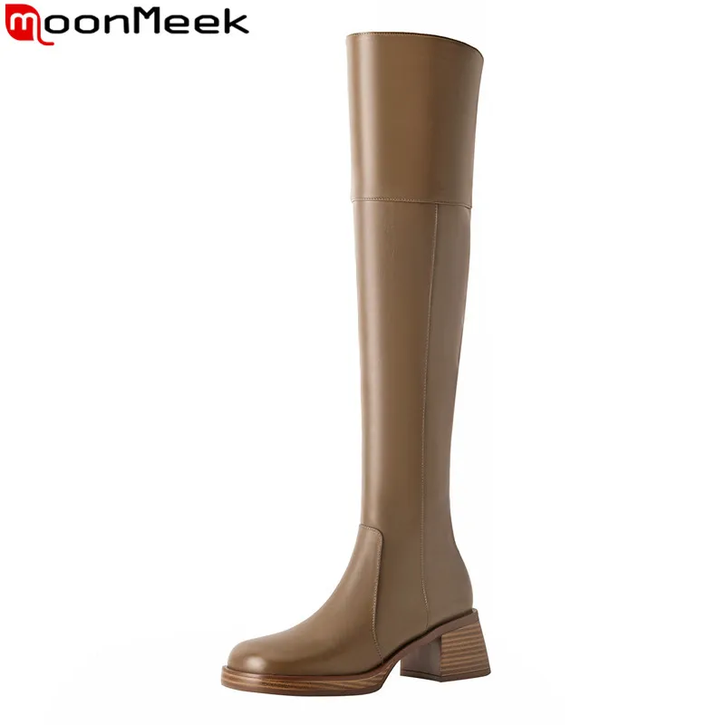 

Женские ботфорты из натуральной кожи, на высоком квадратном каблуке