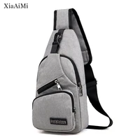 new mens usb charging cable hole short trip chest bag solid color outdoor sports canvas zipper soft face chest bag
