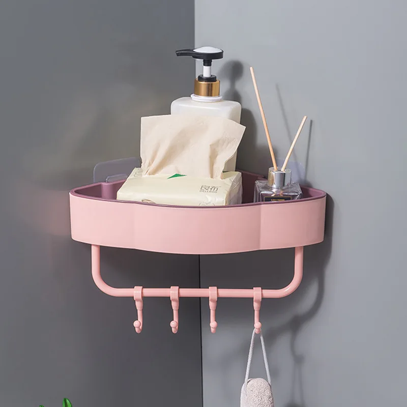 Plastic Wall-Mounted Corner Shelf Punch-free Triangle Storage Rack With Hooks Shampoo Shower Gel Storage Rack Bathroom Accessory