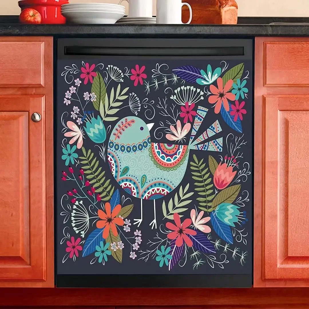 

Kitchen Decor Colorful Flower Bird Magnetic Dishwasher Decal, Fridge Door Cover Vinyl Appliance Sticker, (Magnetic, 23" W x 26"