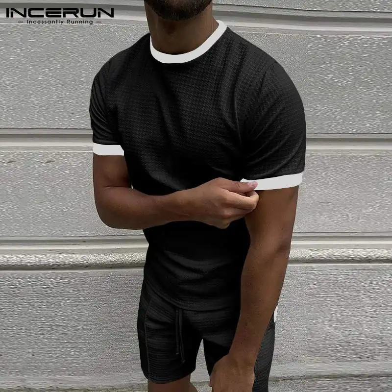 

Fashion Casual Style New Men's Solid Short Sleeve Shorts Suits Loose Comfortable Printing Knitted Splicing Two-piece Sets S-5XL