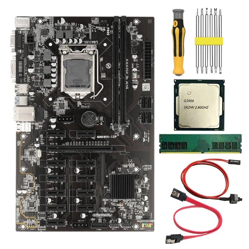 B250 BTC Mining Motherboard G3900 CPU+8G DDR4 RAM+Switch Cable+Screwdriver 12 PCIE Graphics Card Slot LGA1151 SATA3.0