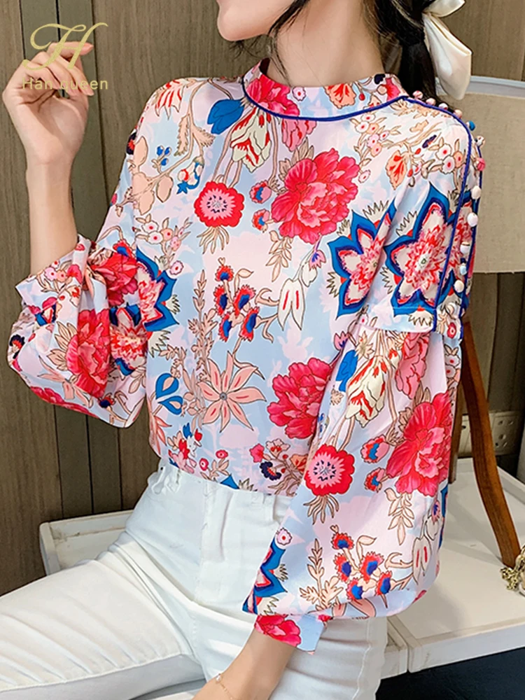 

H Han Queen 2022 Autumn Blusas Printing Office Lady Vintage Tops Elegant Chiffon Blouse Women Loose Lantern Sleeve Casual Shirts