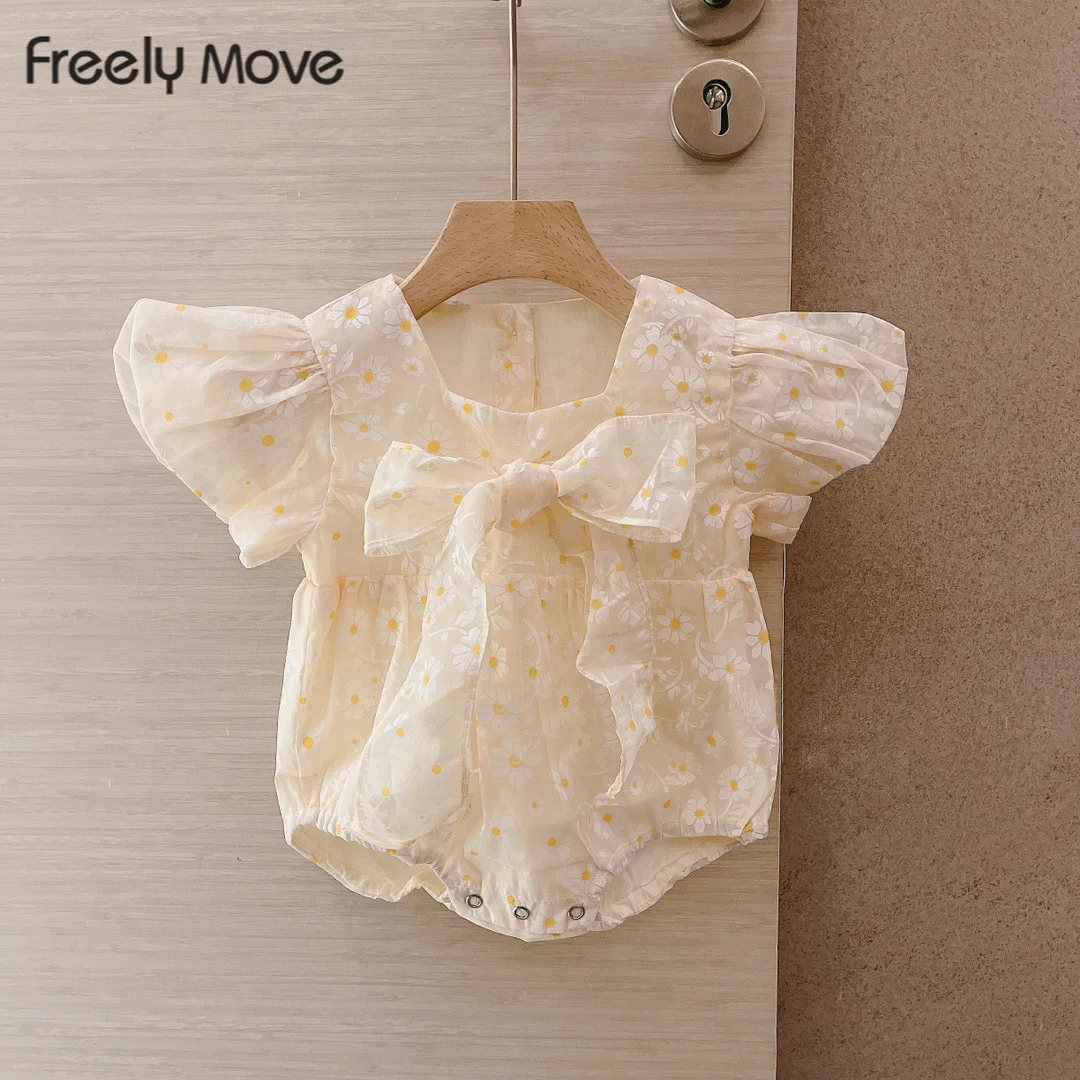 

Freely Move O Neck Bodysuits Fly Sleeve Summer Clothing Baby Girl Cotton Soft Romper Girls Jumpsuit Cute Bow Infant Clothes